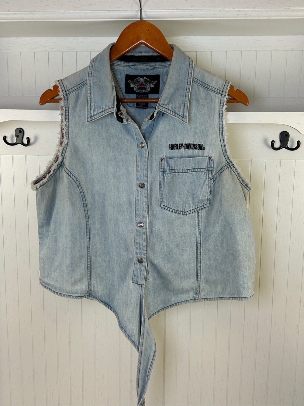 Harley-Davidson Denim Vest XL Tie Front Embroidered Ride Biker